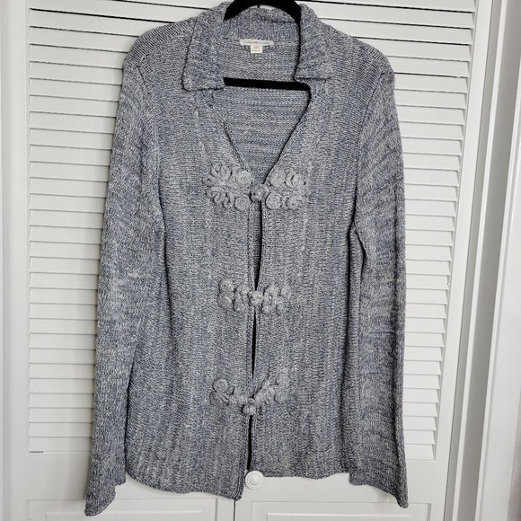 3 / $30 Coldwater Creek Cardigan Large Blue Silver Frog Buttons Oriental Cheongs - Picture 1 of 11